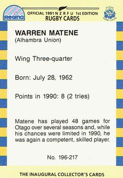 1991 Regina NZRFU 1st Edition #196 Warren Matene Back